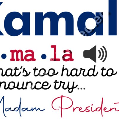 Kamala Harris 2024 campaign graphic with stylized text and audio symbol  Madam President tagline Thumbnail